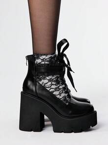 ROMWE Grunge Punk Bottes à talons compensés vintage en dentelle blanche, bottes à la cheville gothiques et punk sexy noires à plateforme haute avec broderie et boucle - Blanc - Voir 4