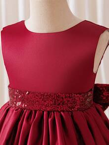 Glamorique Kids 女童酒红色高档缎面薄纱礼服，带拖尾，配有串珠腰带和蝴蝶结装饰，适合表演晚宴、小女孩生日公主裙 - 酒紅色 - 查看 7