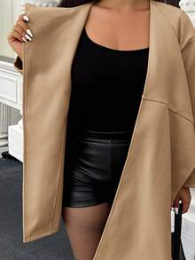 Easura Plus Size Women's Solid Color Long Sleeve Scarf Collar Pocket Design Woolen Coat, Autumn/Winter - Khaki - View 8