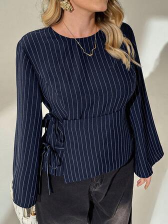 Auralis Plusstorlekar Dam Höst/Vinter Modern Casual Ledig Bekväm Vardag Mörkblå Randig Utsvängd Ärm Skjorta Med Bälte I Midjan, Höstkläder, Damblus, Kontorskläder