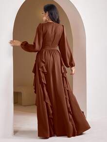 Veilorie Váy suông tay đèn lồng màu trơn thanh lịch phong cách Ả Rập dành cho nữ - màu nâu - Xem 2