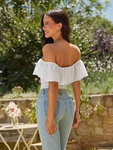 KARISMINA Vacation Casual Solid Color Off-Shoulder Bodysuit - White - View 2