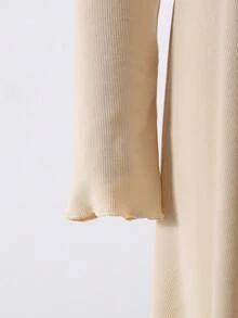 Vestido midi elegante para meninas, com gola mandarim, mangas compridas, cintura marcada, cor damasco lisa, detalhes em babados e cinto combinando. Vestido versátil e moderno para meninas, perfeito para o outono/inverno. - Damasco - Ver 3