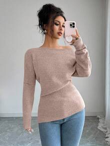 Elenzga 女士纯色斜肩长袖休闲毛衣，秋冬 - 粉色 - 查看 1