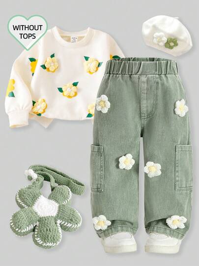 SHEIN Playful Pals Baby/Infant Girls' Fashion Snowflake Distressed Embroidered Flare Pants