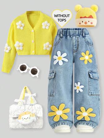 Jeans anchos de pierna suelta con bolsillo parche, bordado de margaritas, estilo vintage lavado 3D para niñas, para la escuela, el campus, otoño e invierno, pantalones de moda para niños, pantalones vaqueros vintage lavados