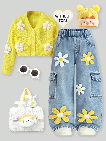 女童时尚贴袋雏菊刺绣阔腿宽松牛仔裤，Y2K复古水洗3D花朵牛仔裤，适合学校、校园、秋冬季节穿着，时尚童裤，复古水洗牛仔裤