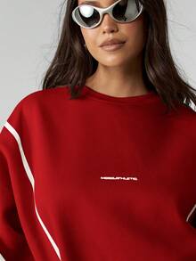 MISSGUIDED 圆领卫衣，撞色包边细节，长袖休闲套头衫，秋冬季舒适宽松版型，圣诞节必备 - 紅色 - 查看 5