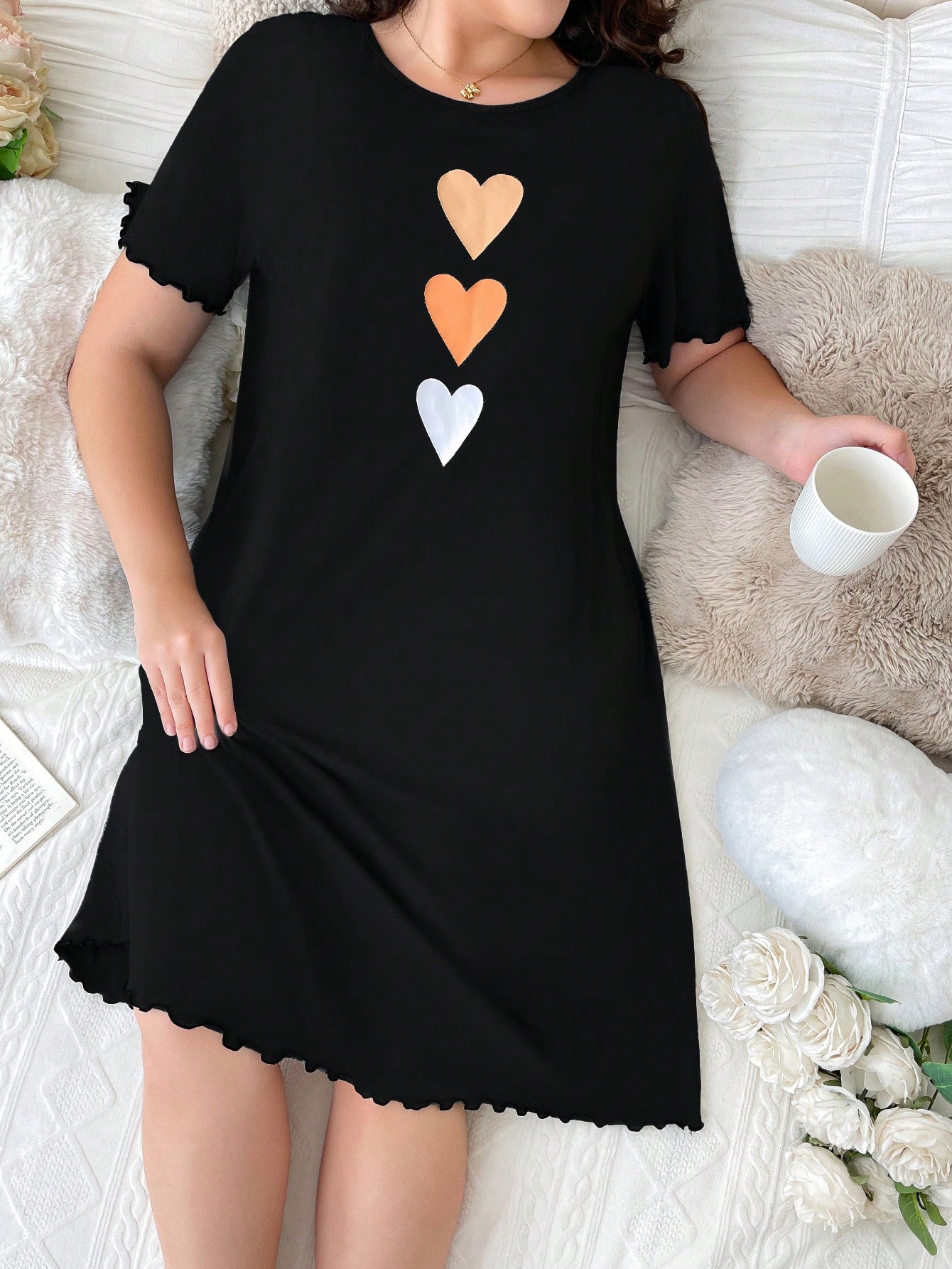 فستان نوم كاجوال مطبوع بشكل قلب مقاس كبير، فستان ن...