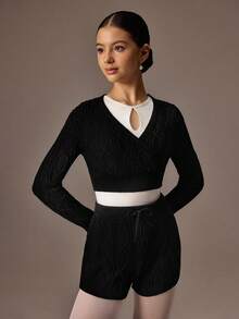 SHEIN Teen Girls Solid Color Cable Knit Cropped Sweater And Shorts Set, Autumn/Winter, Suitable For Ballet, Back To School, Campus Workout, Training, Competition, Casual Wear. Fashionable Stretchy Mesh Long Sleeve Design, Comfortable & Elastic Dance Wear - Black - View 5