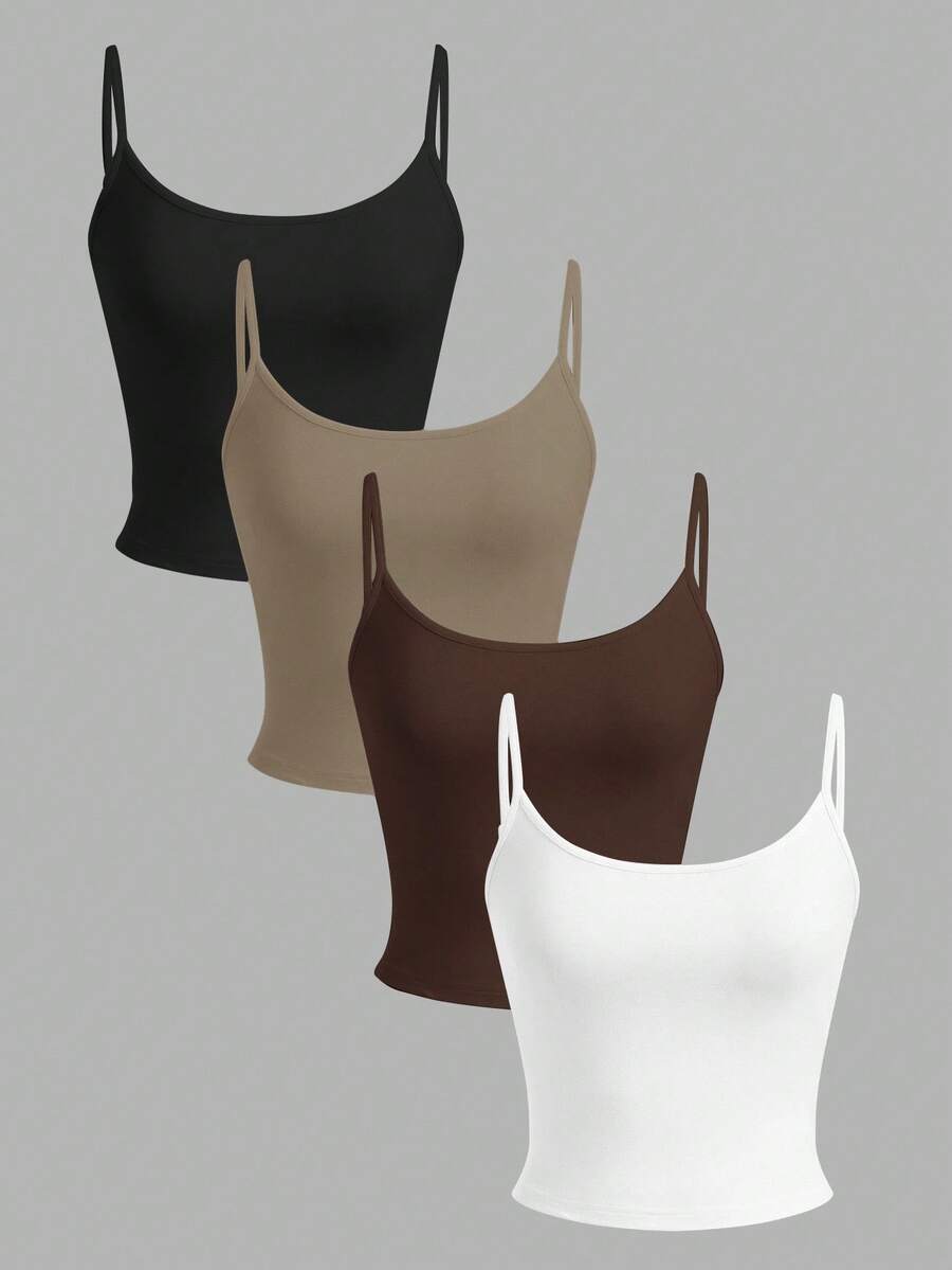 SHEIN EZwear 4pcs Women's Black, Khaki, Brown, White Cropped Tight Fit Casual Cami Tops Beach