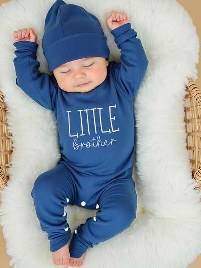 SHEIN 2Pcs Set Newborn Boy Photography Outfits Little Brother Embroidery Baby Coming Home Outfit Baby Shower Gift 1 Month 3 Month Infant Photo Props