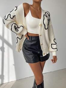 Chiquease Floral Pattern Drop Shoulder Cardigan,Long Sleeve Tops Fall Winter Cloth For Women - Black and White - View 4