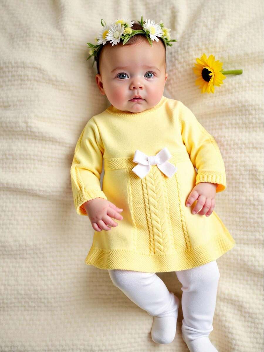 Newborn Baby Stylish Cute 3D Bow Back Button Long Sleeve Knitted Sweater Dress, Soft & Comfortable, Suitable For Spring/Autumn, Daily, Outing, Travel, Vacation, Home, Daycare, Kids Play Baby Girl Clothes Baby Knitwear Knit Baby Dress Infant Yellow Dress Yellow Baby Dress Baby Girl Clothes Spring Fall Yellow Baby Girl Clothes Lemon Shirt For Baby Girl Baby Winter Dress - Yellow - View 1
