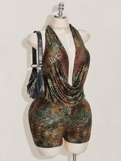 SHEIN ICON Women's Plus Size Retro Casual Millennial Style Y2K Sexy Fashion Urban Modern Individual Avant-Garde Bold Vacation Colorful Leopard Print Tie Pattern Print Deep V Halter Neck Swing Neck Tie Fitted Jumpsuit