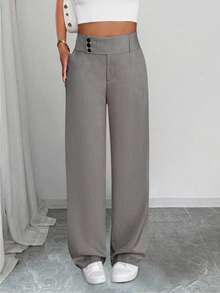 SHEIN PETITE 娇小女款休闲直筒高腰裤，秋冬季