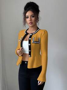 Elenzga Women's Contrast Color Round Neck Raglan Sleeve Elegant Pearl Waist Cardigan - Yellow - View 4