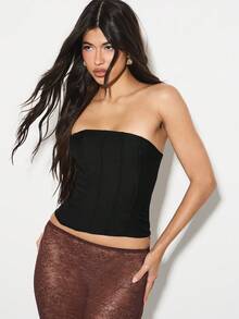 KIZN Áo corset bandeau không dây có chi tiết buộc dây ở lưng cho mùa thu đông - màu đen - Xem 6