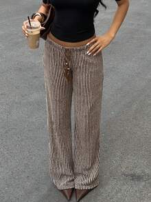 SHEIN Unity Women's Brown Striped Straight Leg Low Waist Casual Pants, Versatile For Daily Wear, Autumn/Winter - Multicolor - View 1