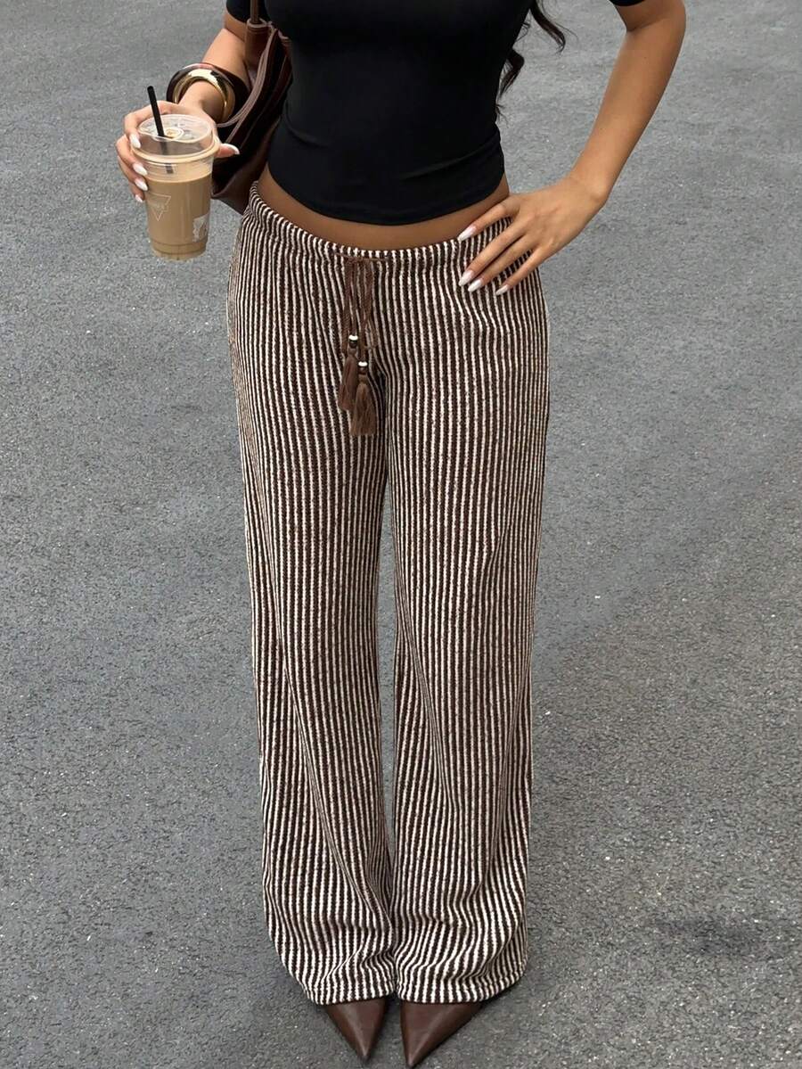 SHEIN Unity Women's Brown Striped Straight Leg Low Waist Casual Pants, Versatile For Daily Wear, Autumn/Winter - Multicolor - View 1