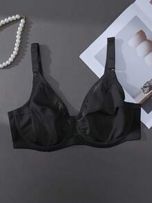 SHEIN 1pc Fashionable & Elegant Solid Color Mesh Patchwork Floral Trim Unlined Underwire Bra, Plus Size - Black - View 4