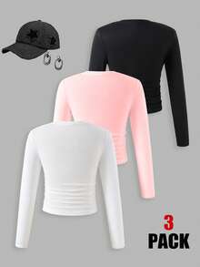 三件套时尚休闲简约少女束腰长袖圆领上衣，适合秋冬季节，黑色、白色、粉色长袖上衣 - 彩色 - 查看 4