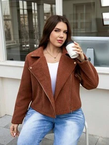 SHEIN LUNE Women'sPlus-SizeBrownWinterCord UroyMotorcycleJacket,FleeceLinedThickenedWarmCasualEveningJacketforChristmasThanksgivingParty,Non E - Brown - View 8