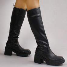 Botas Largas De Mujer Con Tacón Grueso Y Suela Dentada, Botas Altas De Piel Sintética Estilo Casual A La Moda Con Cierre Lateral - Negro - Ver 10