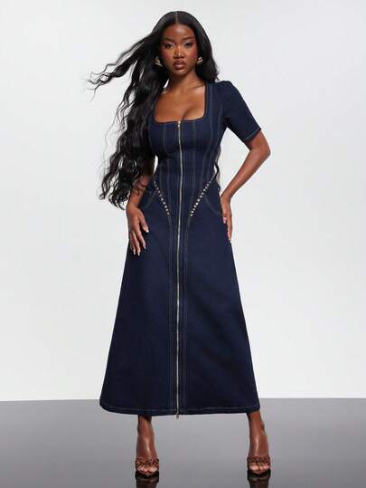 NYA SZN Dress Short Sleeve A Line Flowy Skier Zipper Detail Special Occasion Event Date Brunch Birthday Ibiza Holiday Romantic Gyaru Dark Wash Maxi Length Fall Winter Carnival Outfits For Women