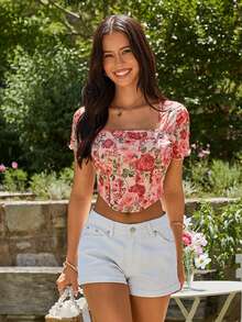 KARISMINA Romantic Holiday Rose Pattern Printed Mesh T-Shirt