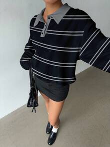 Aloruh sweat-shirt femme d'automne/hiver 2 en 1 avec polo, style collégial rayé bleu marine rétro Y2K, Top décontracté - Bleu marine - Voir 4