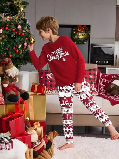 2pcs Boys' Merry Christmas Letter & Deer Print Long Sleeve Top & Pants Pajama Set, Knit Stretchy Fabric, Christmas Vibe Christmas Family Pajamas Snug Fit