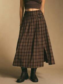 Poéselle 女士休闲格子侧扣开衩裙 - 棕色 - 查看 7