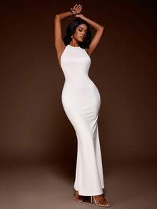 Radiana 女士性感优雅极简白色露背修身鱼尾连衣裙，采用高弹不透明针织面料，贴合身形，凸显曲线，适合日常穿着、约会、聚会、夜店、派对、婚礼、伴娘、圣诞节、新年、假期等场合。 - 白色 - 查看 5