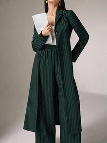 Heiryn 2 件套女士休闲条纹长外套和裤子套装，适合秋季 2 件套 - 墨綠色 - 查看 2