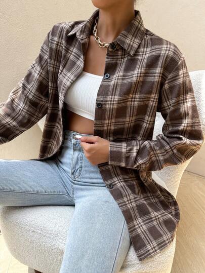 SoleilVie Women's Plaid Long Sleeve Single-Breasted Casual Loose Shirt
