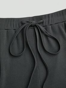 Sweetra Bộ đồ liền thân 2 món có dây buộc và quần màu trơn tối giản mặc hàng ngày cỡ lớn - Xám - Xem 10