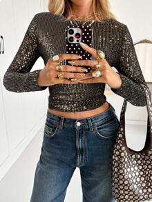 Siren Gaze Maglietta a maniche lunghe con paillettes luccicanti, adatta per feste, appuntamenti e uso quotidiano
