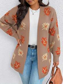 EMERY ROSE Plus Size Dropped Shoulder Casual Maple Leaf Jacquard Knit Cardigan - Camel - View 6