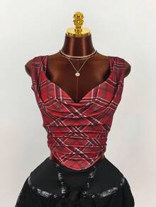 Y2K Amplova Plus Size Women Plaid Sleeveless Casual Blouse/Christmas Criss Cross Top Red Checkered Top Red Plaid Top Plaid Two Piece Set Scarf Top
