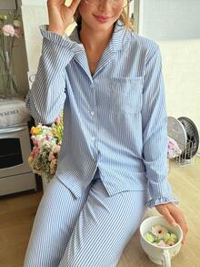 Women's Button-Up Long Sleeve Top & Straight Leg Striped Casual Pants Pajama Set Cozy And Elegant Details, Fall Winter Clothes