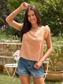 KARISMINA Summer Gingham Top: Orange Check Print, Square Neck, And Cap Sleeves,Cute Summer Tops,Summer Clothes , - Orange - View 3