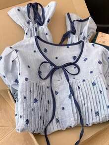 SHEIN Frenchy Fall Winter 2025 Women's Casual Striped Print Detail Front Tie Collar Blouse, Autumn, Striped Blouse, Contrast Trim Tie Shirt,Pleated Shirt,Ruffle Blouse, Blue Striped Shirt,Floral Print Pattern Blouse - Blue and White - View 2