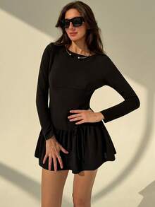 Aloruh Black Romantic Bowknot Ruffle Hem Long Sleeve Dress For Women - Black - View 5