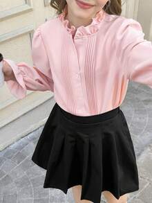 Tween 女童优雅荷叶边领灯笼袖修身长袖衬衫，百搭休闲、周末、返校、可爱上衣 - 淺粉色 - 查看 5