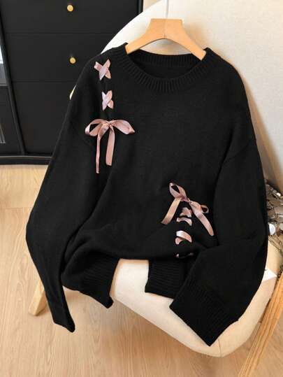 Elenzga 加大码针织圆领黑色丝带蝴蝶结设计舒适优雅长袖毛衣