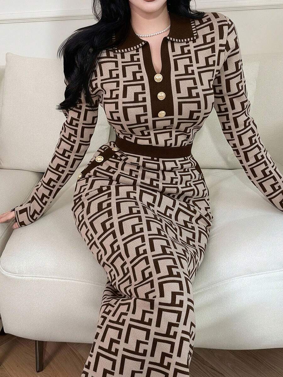 Feyla 女士几何图案领口纽扣设计毛衣和长款针织中长裙两件套,适合秋冬季节穿着。 - 咖啡棕 - View 1