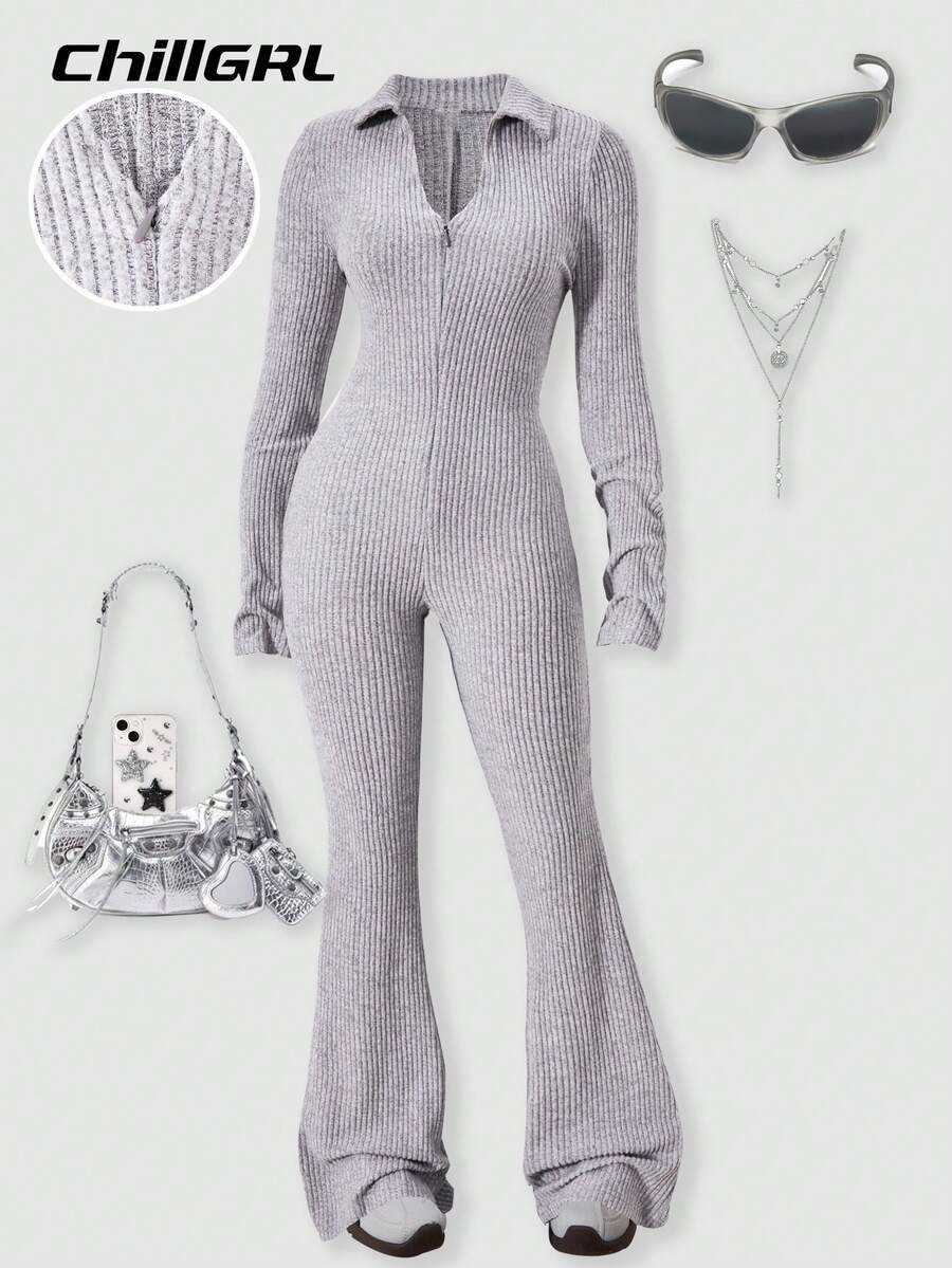 Sparklyn Tween Girl Grey Ribbed Knit Long Sleeve Jumpsuit - Grey - View 1