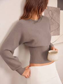 Hanevo Casual Round Neck Drawstring Waist Slim Fit Solid Color Knit Sweater, Versatile For Autumn/Winter - Brown - View 8