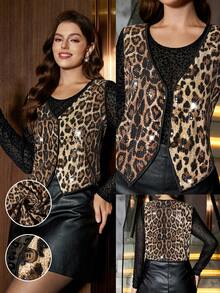 SHEIN LUNE Áo sơ mi nữ cỡ lớn cho năm mới cho nữ thời trang dự tiệc Giáng sinh cho nữ họa tiết da báo phong cách Old Money Áo sơ mi không tay họa tiết da báo đính kim sa cho Giáng sinh năm mới và ngày lễ tình nhân Áo vest cài nút thanh lịch cho nữ Áo sơ mi Lễ tạ ơn cho nữ Áo in hình da báo dự tiệc ngày lễ cho nữ Áo sơ mi đa năng và thời trang Áo vest lấp lánh Áo sơ mi phong cách Old Money - Màu Khaki - Xem 3